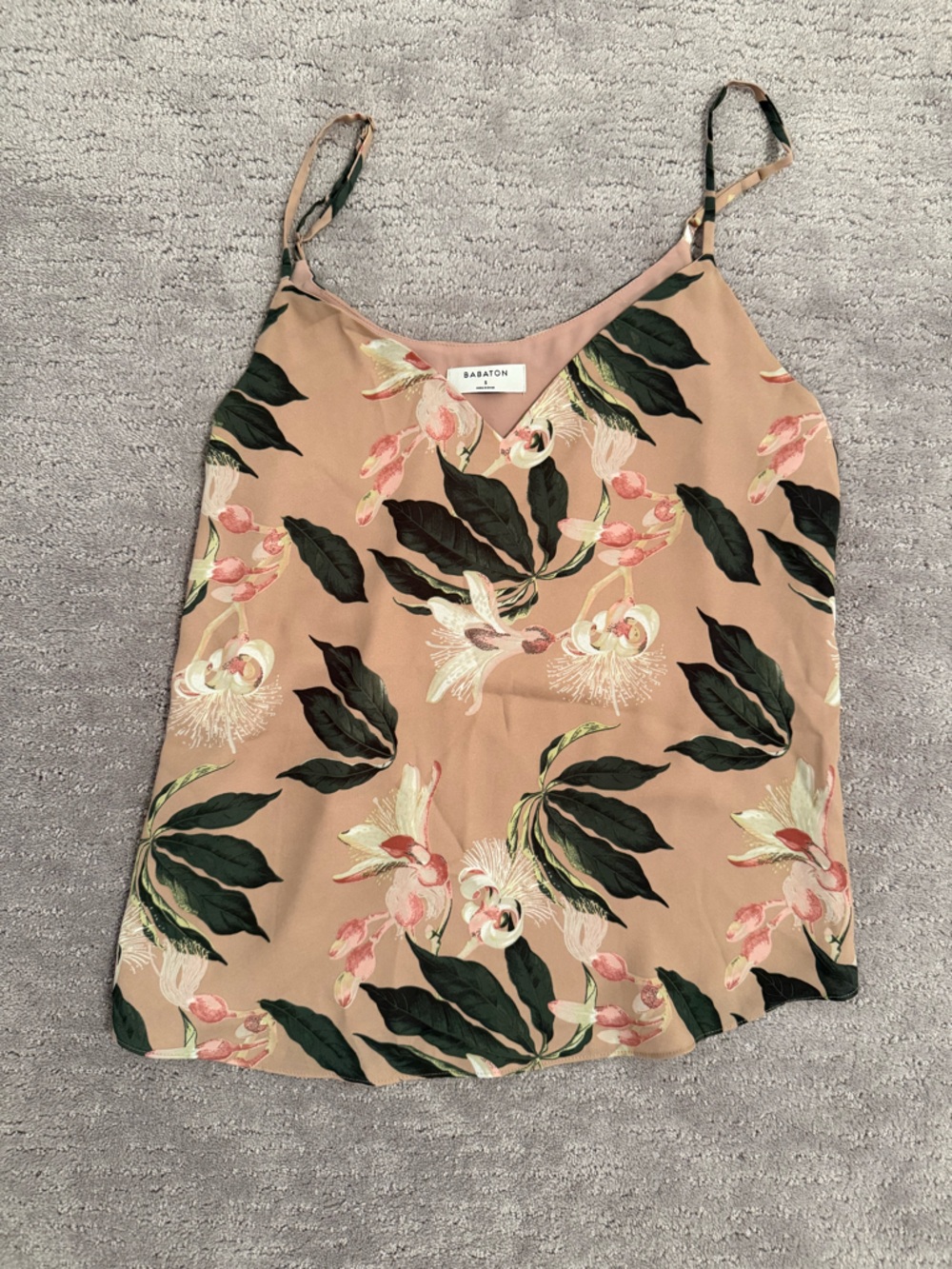 Babaton Blush Peach Floral Shell with Dark Green Leaves
